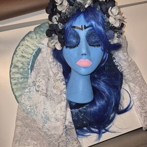 Blue Floral Headpiece with Lace Veil